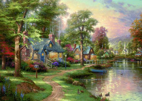 Puzzle Kinkade: Māja pie ezera