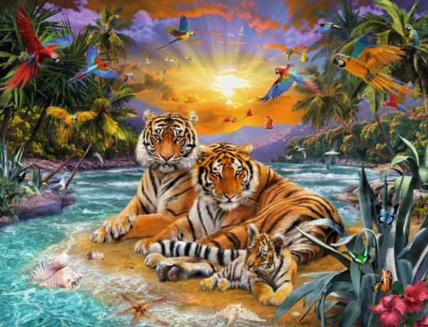 Puzzle Obitelj tigra pri zalasku sunca