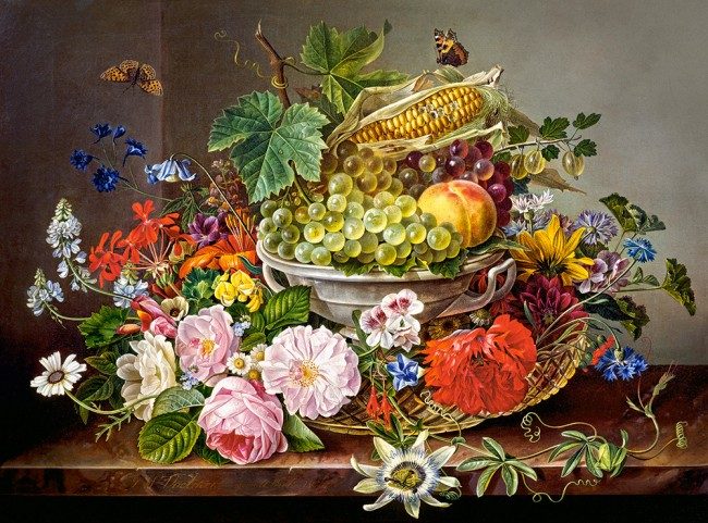 Puzzle Stilleben med blomster og frugtkurv