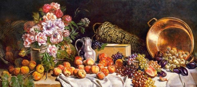 Puzzle Bodegón con flores y frutas sobre una mesa