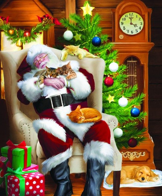 Puzzle Holz: Weihnachtsmann und seine Katzen