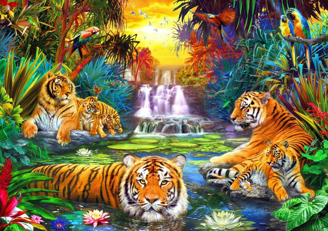 Puzzle Jan Patrik Krasny: Tigria rodina pri vode