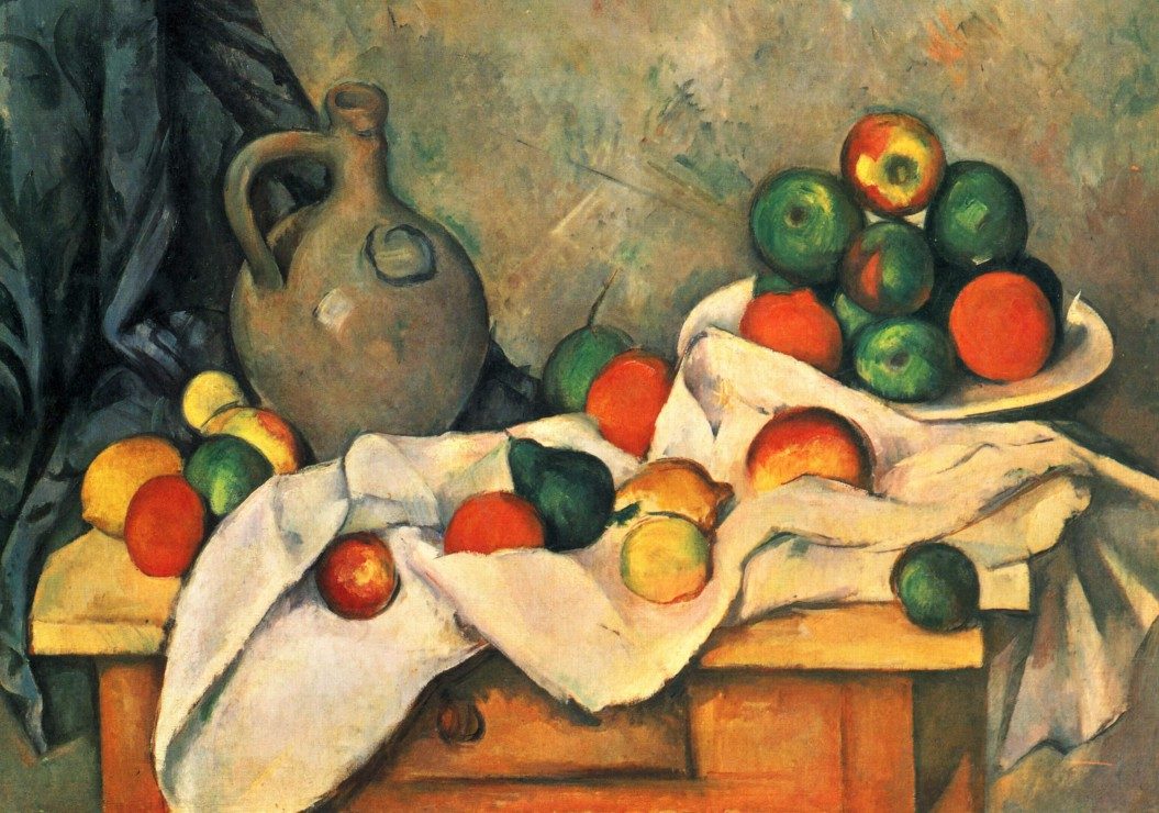 Puzzle Paul Cézanne: Tihožitje z zaveso, vrčem in skledo s sadjem