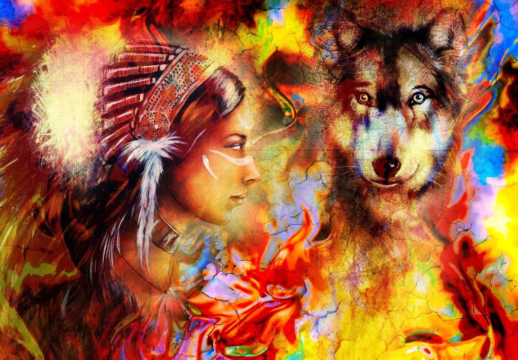 Puzzle Indiánska žena s vlkom
