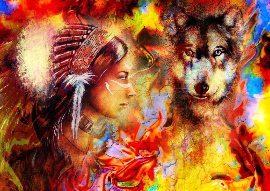 Puzzle The Indian žena and the wolf