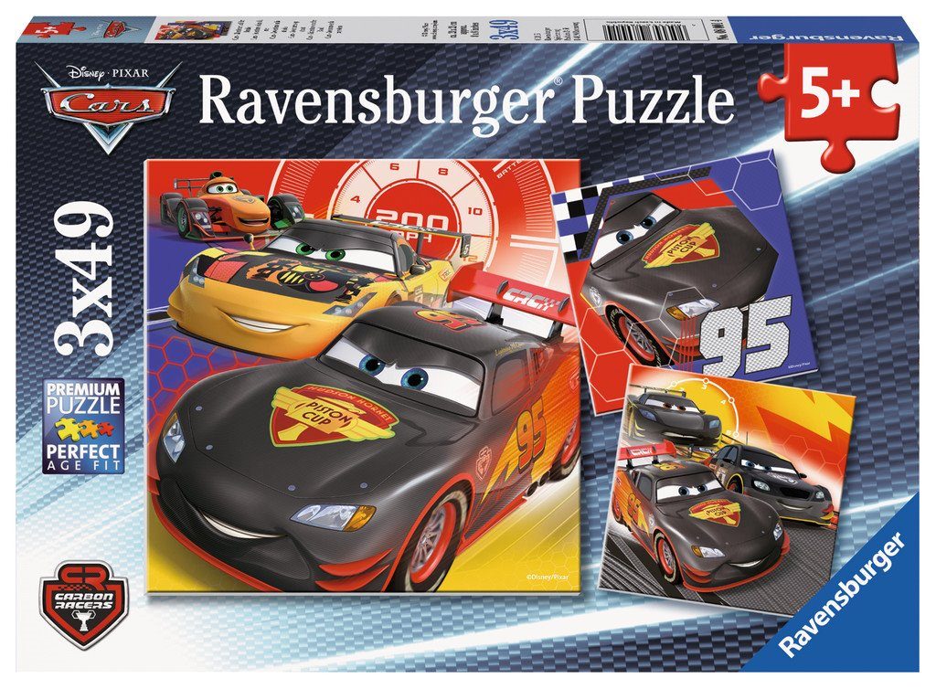 Disney Pixar Ravensburger Cars 3 x 49 piece Puzzles.100% Complete w box &  poster
