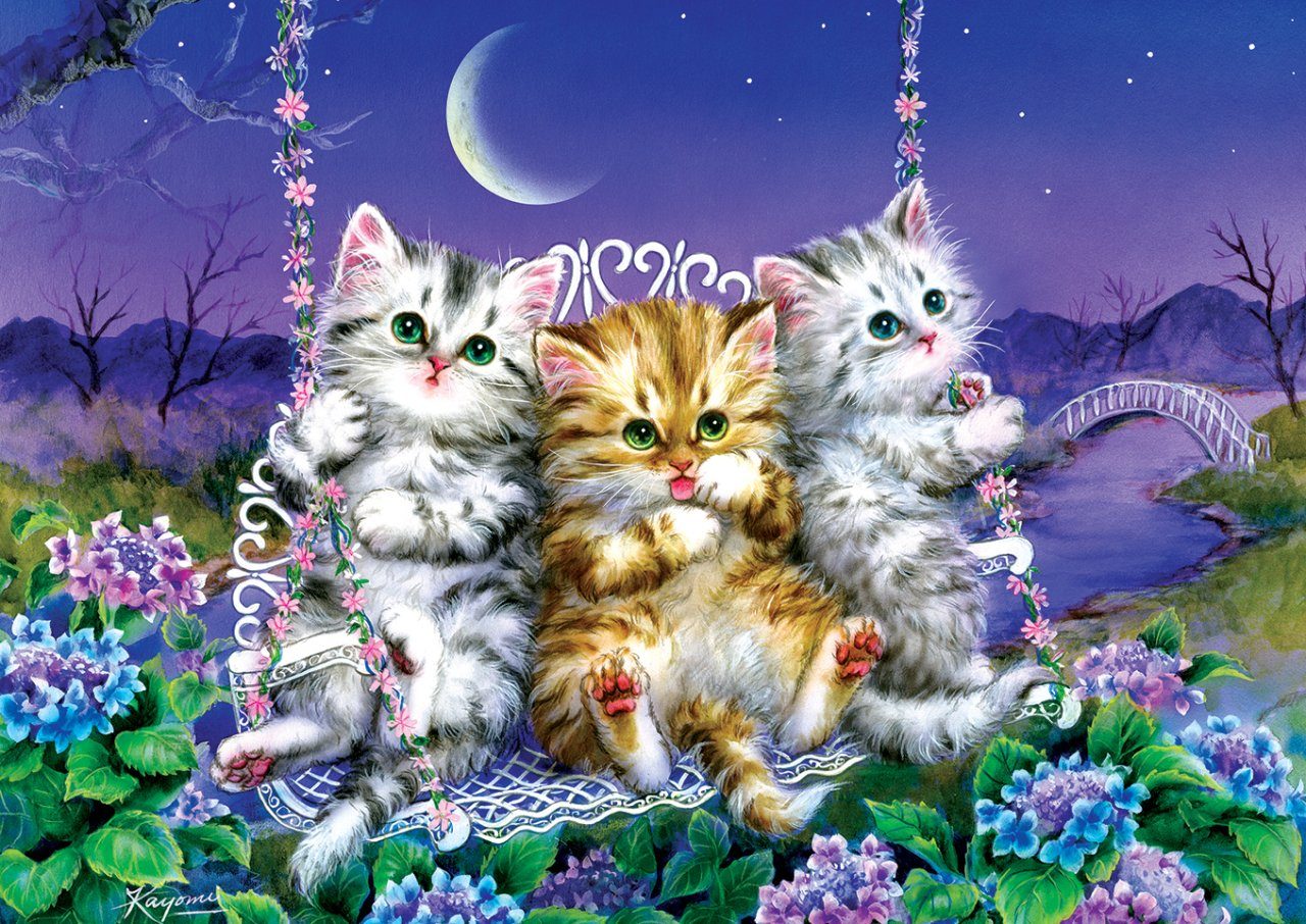 Puzzle Kittens swinging in the Moonlight