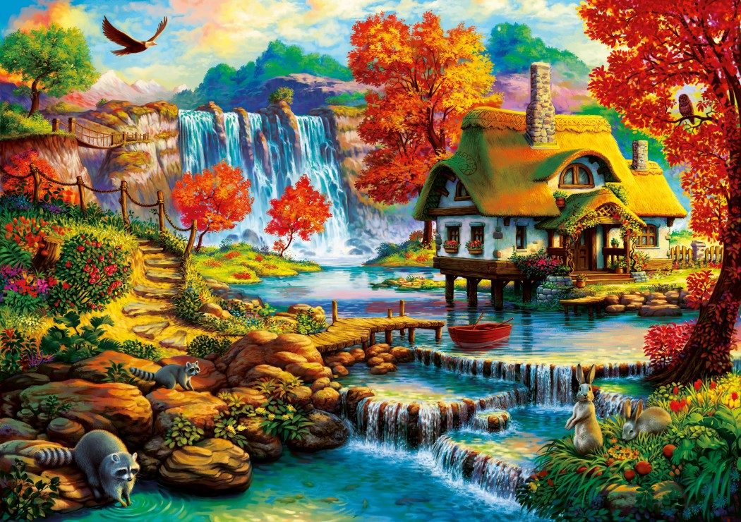 Puzzle Vidiecky dom pri vodopáde