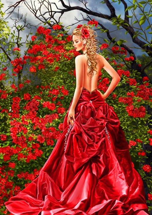 Puzzle Nené Thomas: Tais vörösben - Hölgy vörös ruhában a rózsakertben