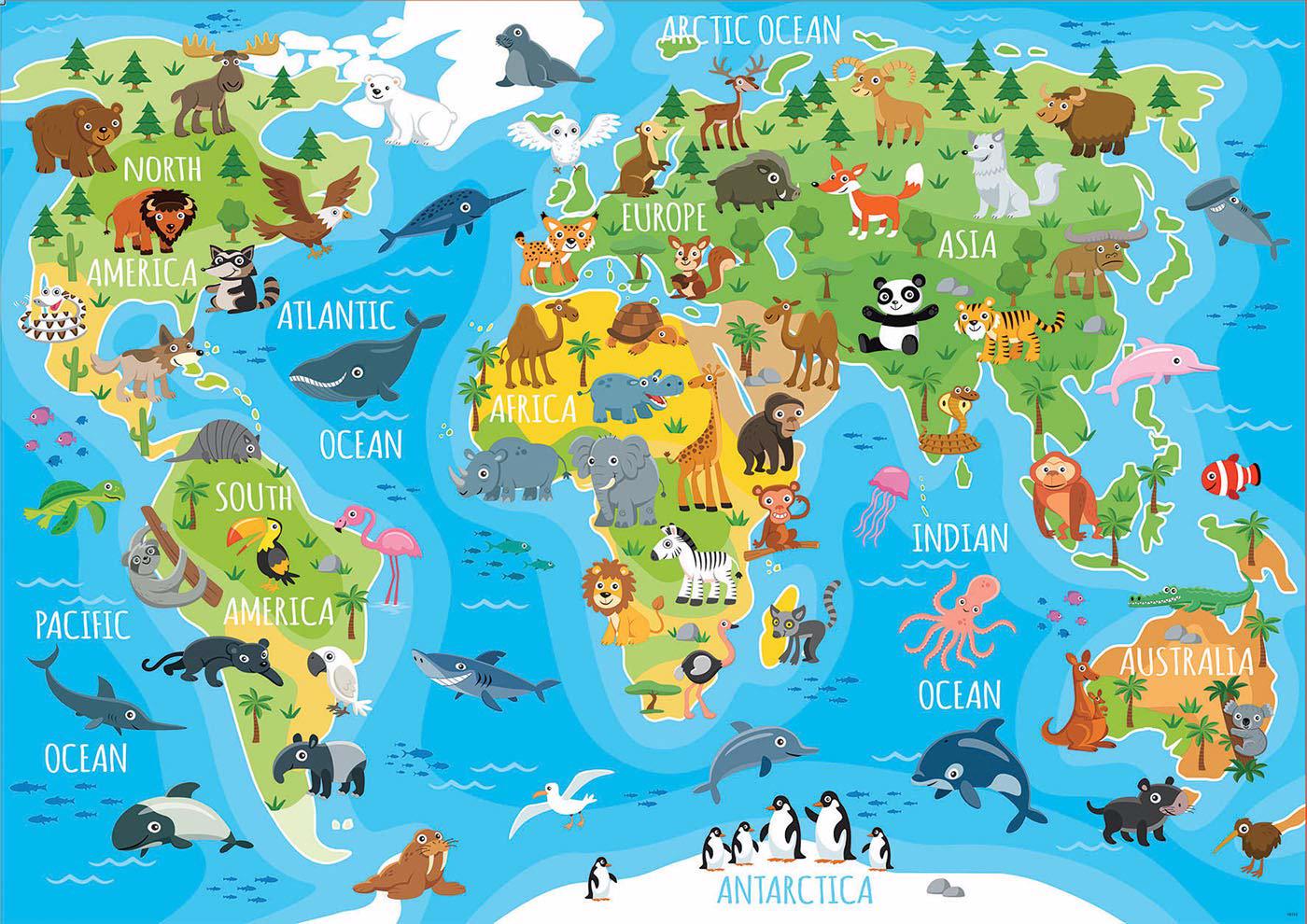 Puzzle Mapa Świata ze zwierzętami
