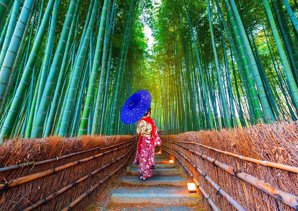 Puzzle Femeie asiatică în pădurea de bambus
