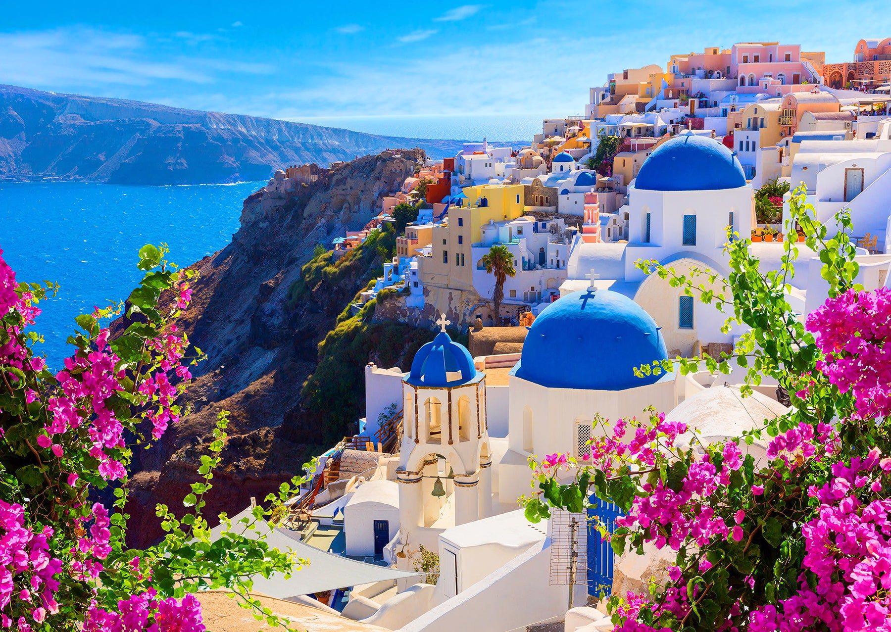 Puzzle Výhľad na Santorini s kvetmi, Grécko