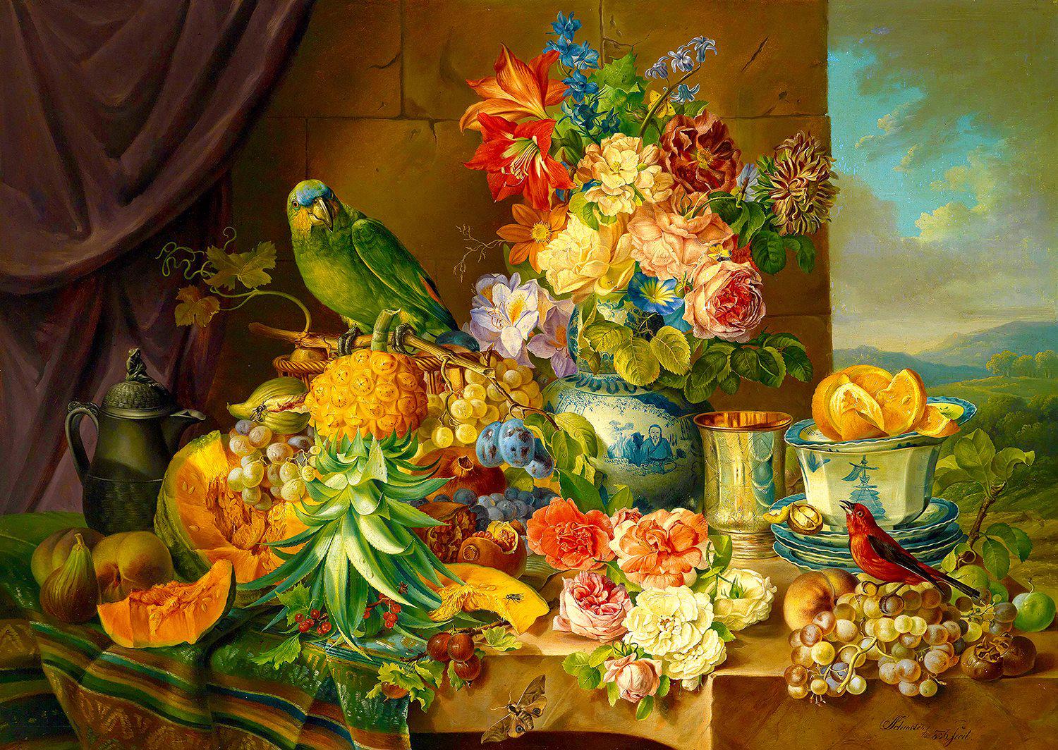 Puzzle Шустер: Натюрморт с фруктовыми цветами и попугаем