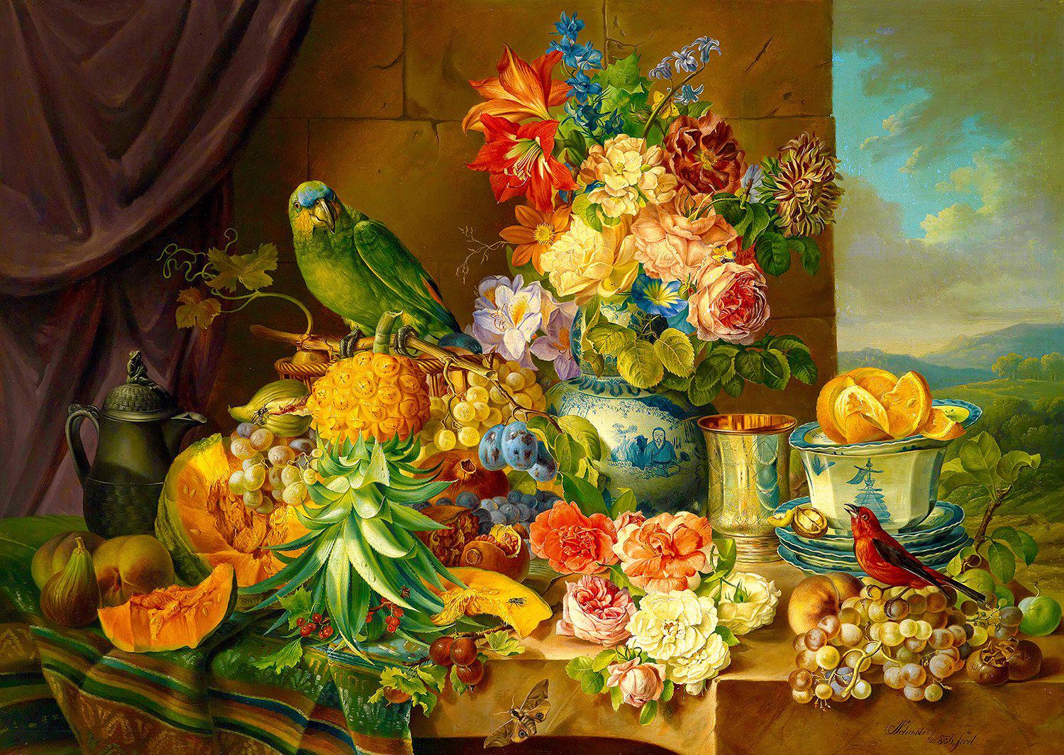 Puzzle Josef Schuster: Still Life with Fruit Flowers and a Parrot