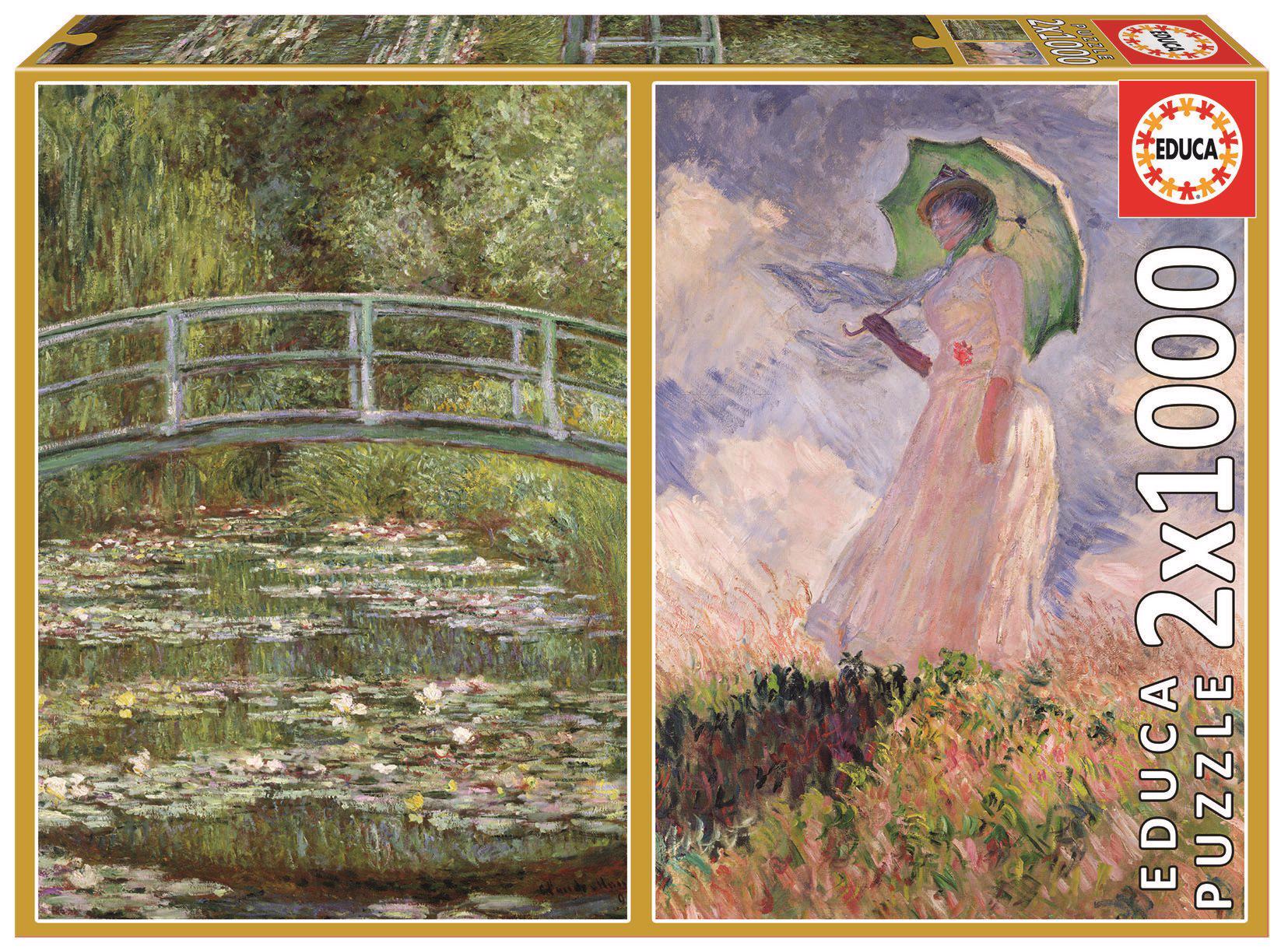 Puzzle 2x1000 Monet: Ribnik z vodnimi lilijami + ženska s senčnikom