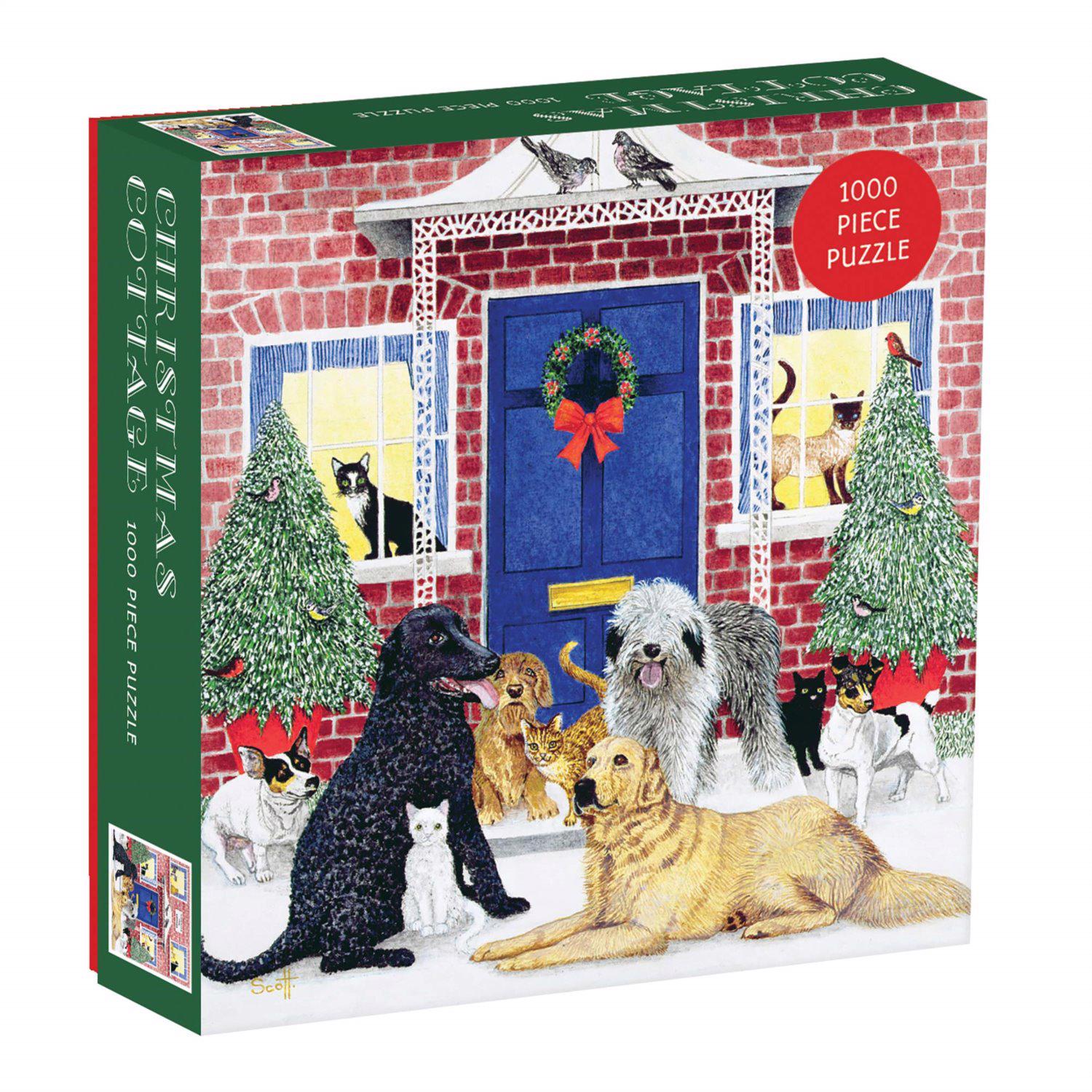 Puzzle Kutyák és macskák a Karácsonyi díszítésű ház előtt