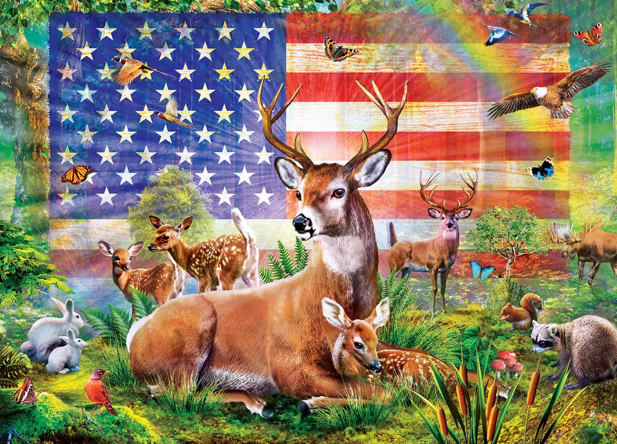 Puzzle Ragyogó ország - Állatok az Amerikai zászló hátterében