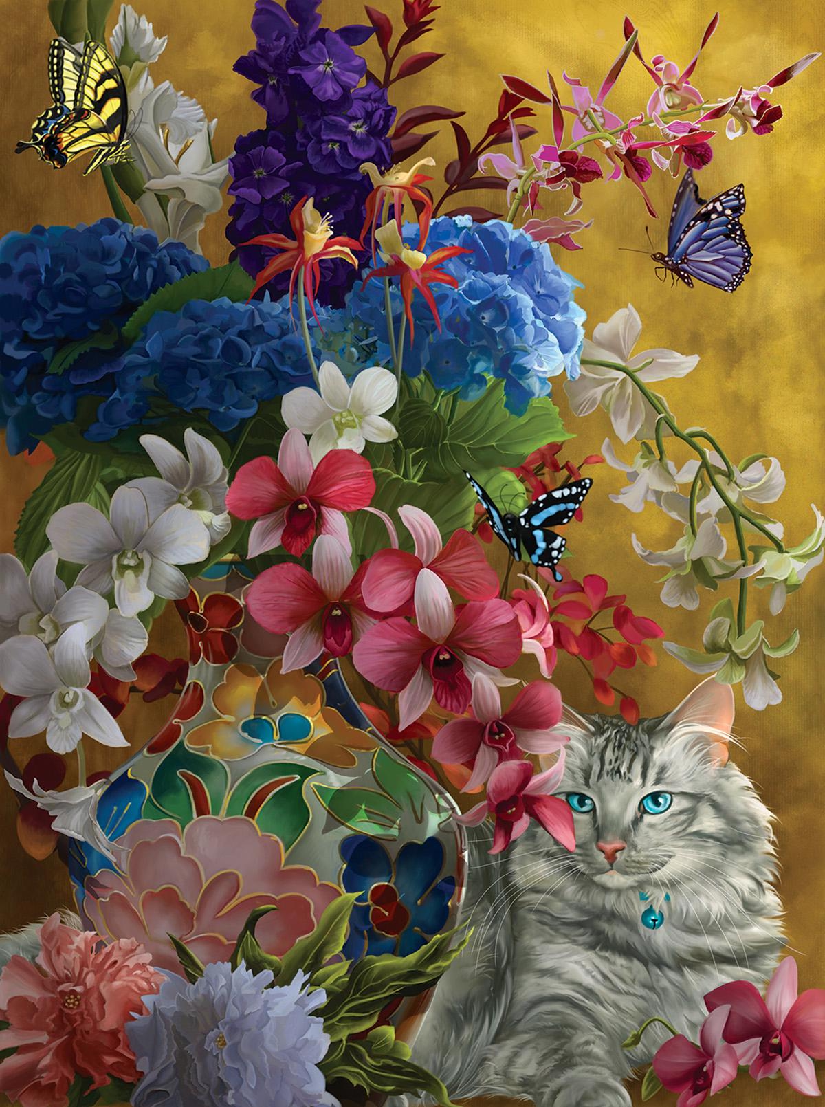 Puzzle Nene Thomas - Gatos dourados e flores