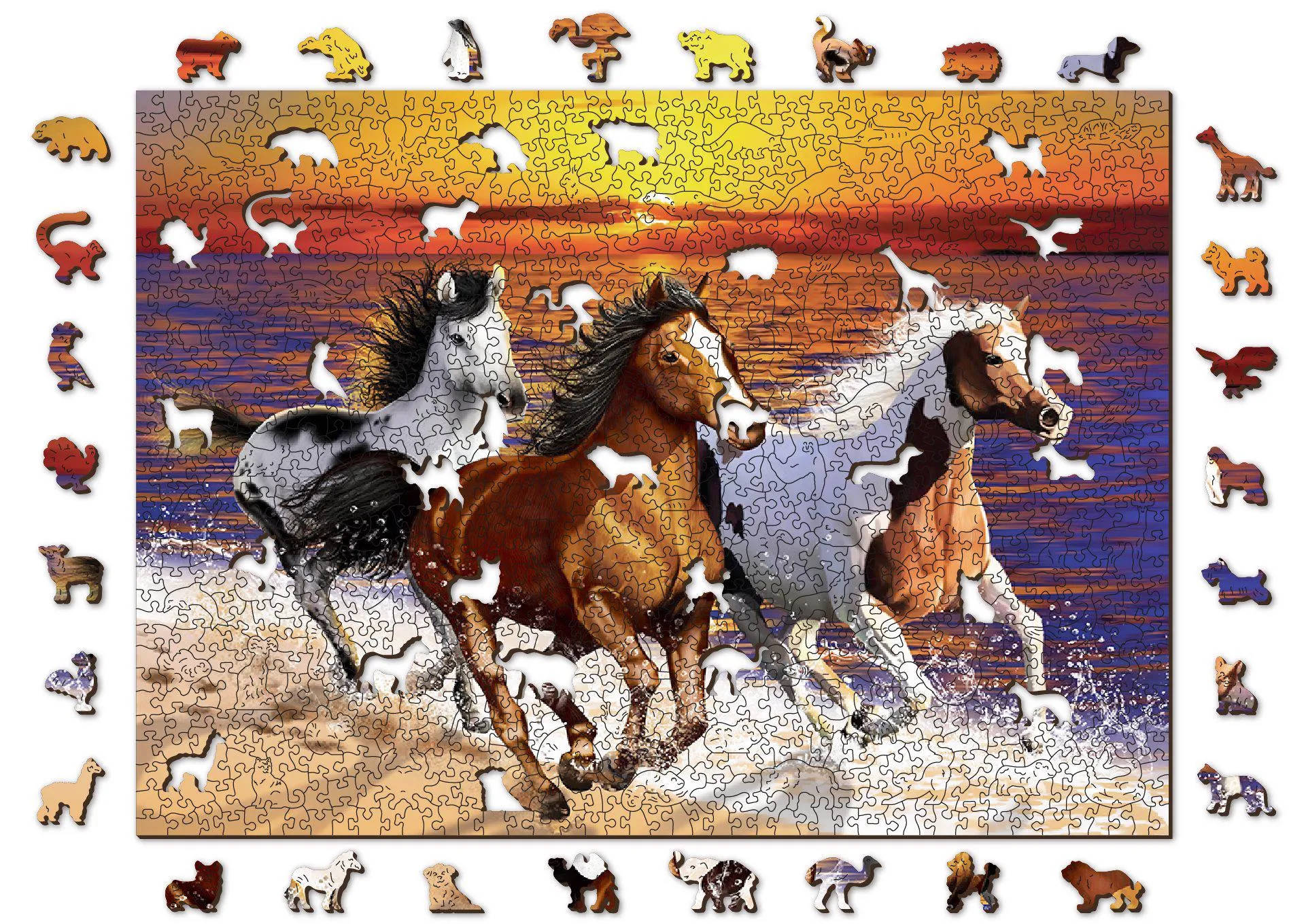 Puzzle Vilda hästar på stranden i trä