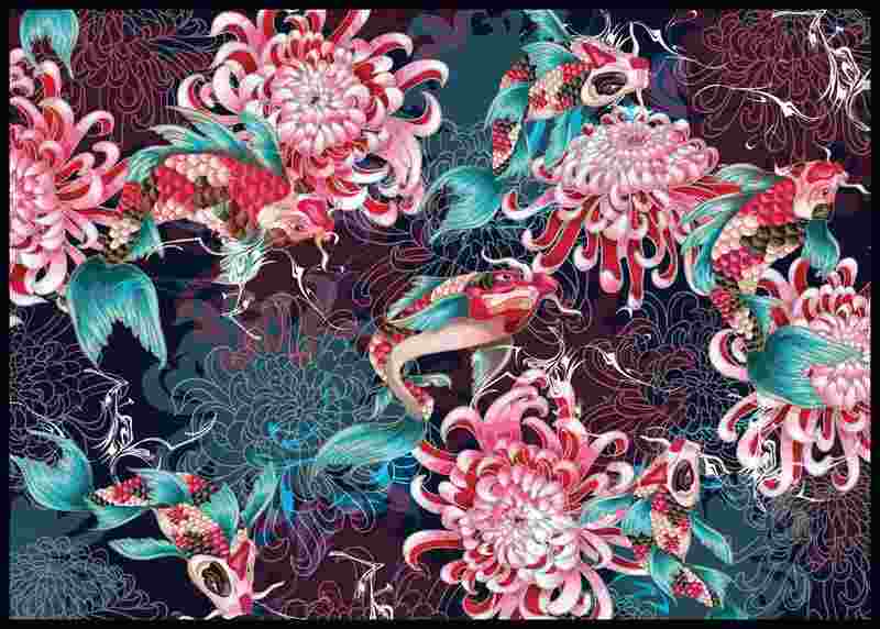 Puzzle Koi kapor a chryzantémy