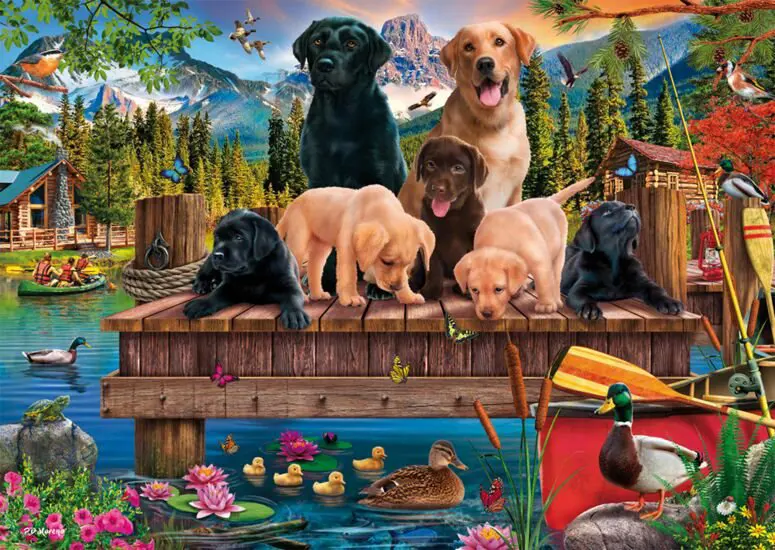 Puzzle Rodina psov pri jazere