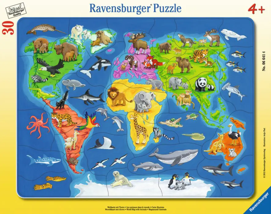 Puzzle Weltkarte mit Tieren 30