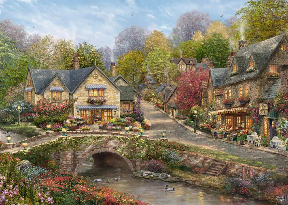 Puzzle Thomas Kinkade: Sommer i Cobblestone Village
