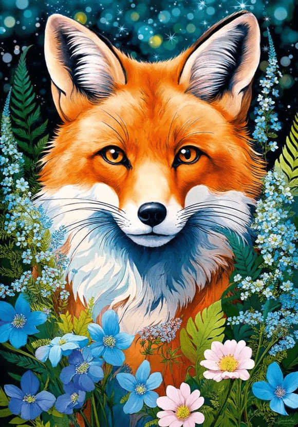 Puzzle Červená líška v kvetoch