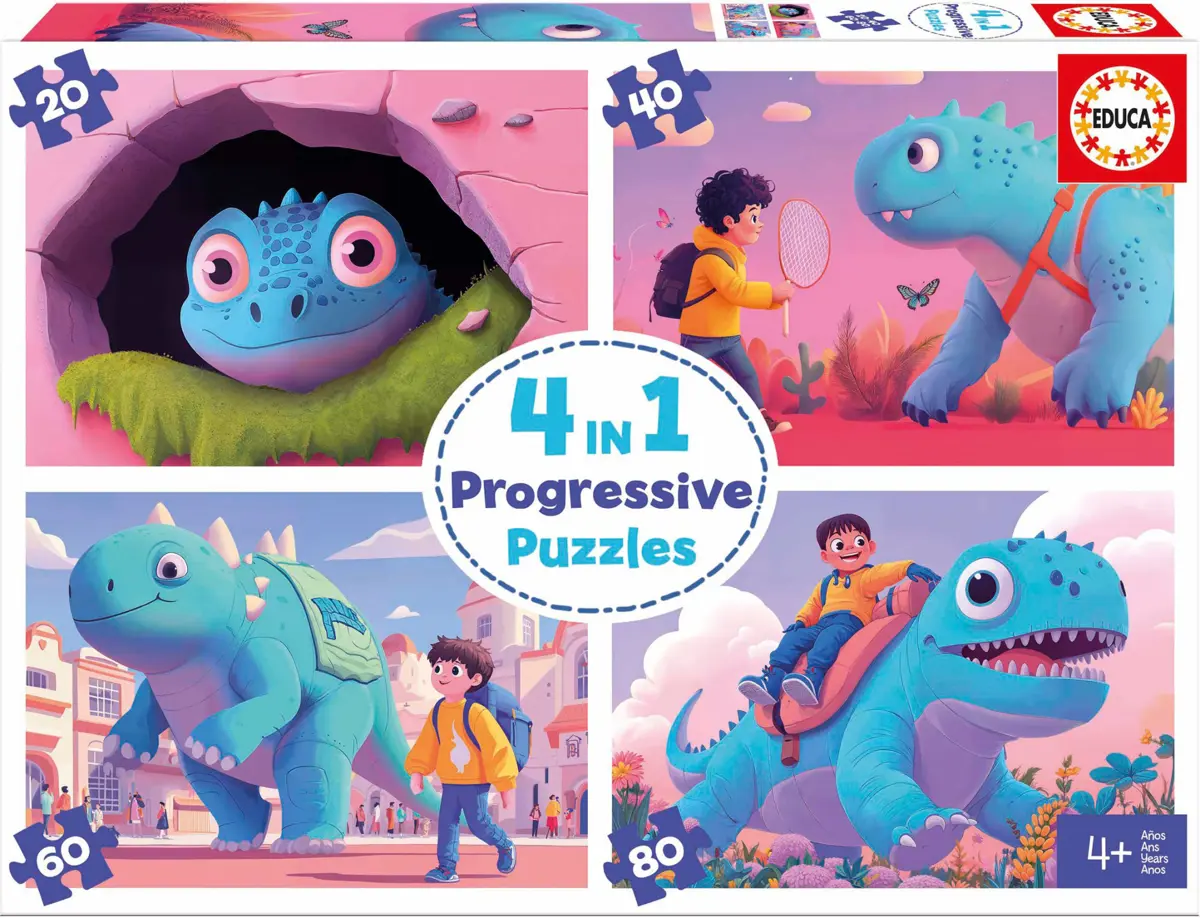 Puzzle Progresivní hádanky 4v1 Přátelský dinosaurus