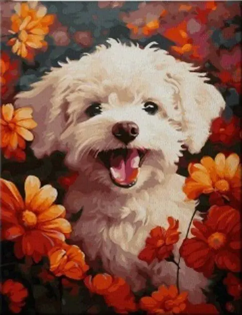 Puzzle Diamantová maľba: Pes v kvetoch 30x40cm