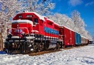 Puzzle Raudonas traukinys sniege