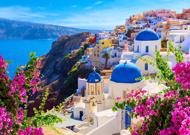 Puzzle Widok na Santorini z kwiatami