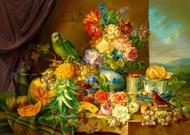 Puzzle Шустер: Натюрморт с плодови цветя и папагал