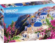 Puzzle Vista de Santorini com flores image 2