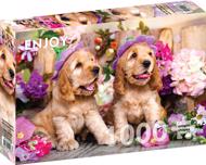 Puzzle Cachorros Spaniel con sombreros de flores image 2