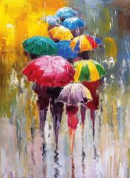 Puzzle Esős ​​nap - Emberek a színes esernyőkkel 