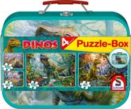 Puzzle 4v1 Doinosauri v plechovom kufríku