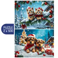 Puzzle 2x500 Christmas Kittens and Puppies