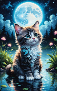 Puzzle Tablou Diamant: Pisica lângă iaz 30x40cm