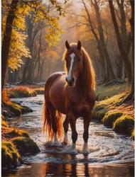 Puzzle Diamantová maľba: Kôň v lesnom potoku 30x40cm